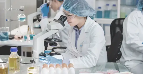 Eine Ernährungswissenschaftlerin untersucht im Labor Proben unter einem Mikroskop. Sie trägt einen Laborkittel, Handschuhe und Schutzkleidung.