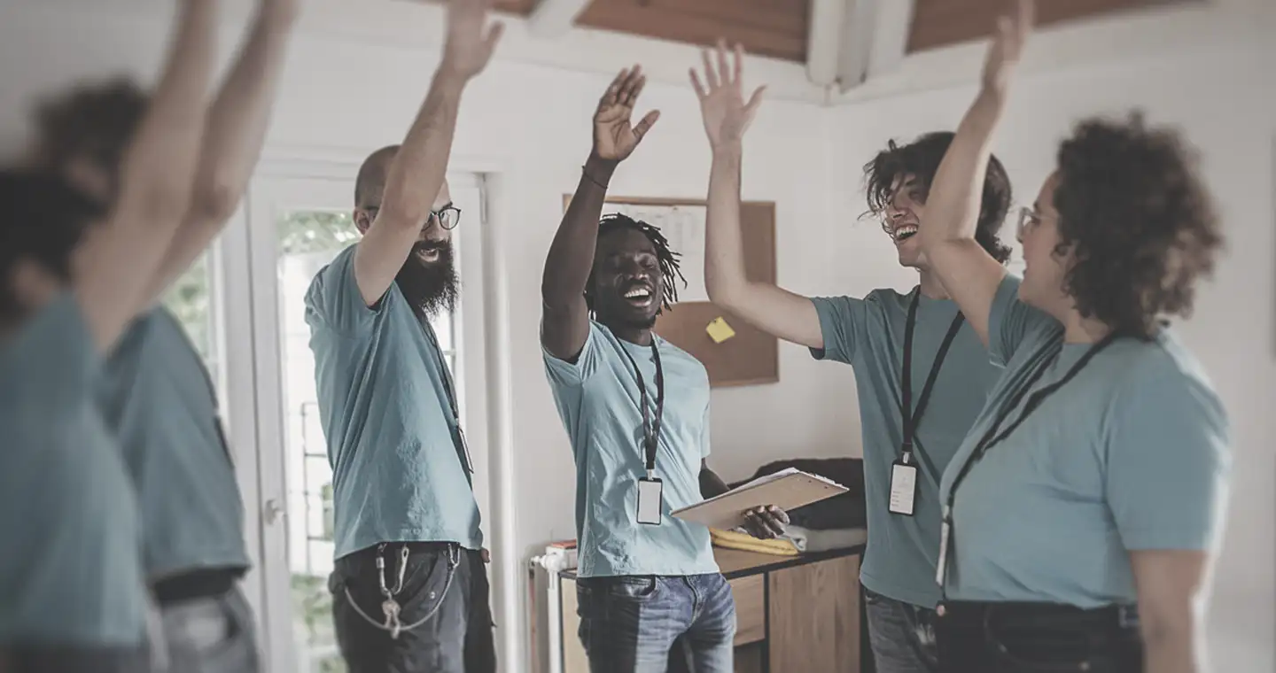Eine Gruppe junger Sozialarbeiter*innen geben einander ein Highfive.
