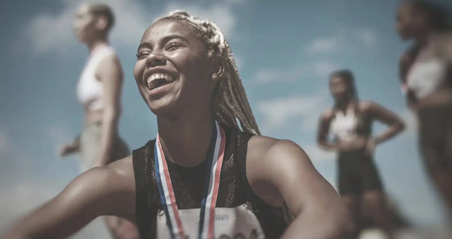 Sportstudentin mit Medaille sitzt auf dem Boden nach einem Lauf und freut sich