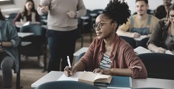 Eine junge Frau absolviert eine Weiterbildung im Bildungsbereich und macht Notizen während einer Unterrichtssitzung.